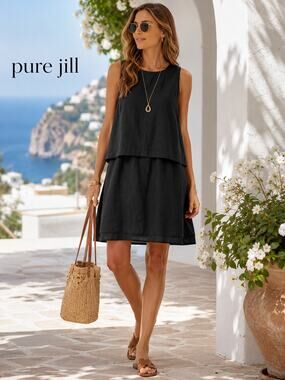 Pure Jill Black 100% Linen Double Layer Sleeveless Shift Dress Coastal Capsule S